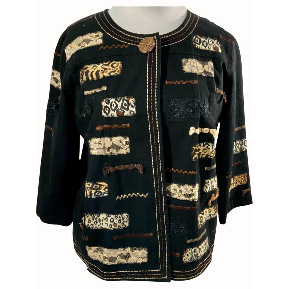 Choices Petite Medium Open Front Jacket Boho Animal Print Patchwork Design Black